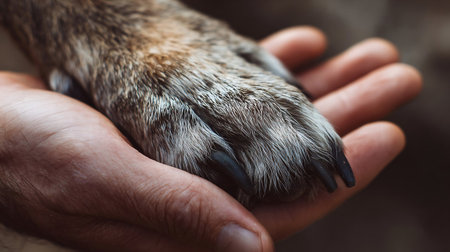 Human hand and dog paw, togetherness and friendship, animal love, closeup body part, bannerの素材