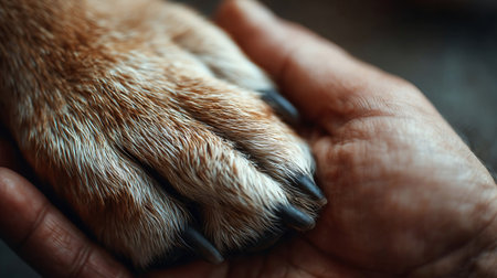 Human hand and dog paw, togetherness and friendship, animal love, closeup body part, bannerの素材