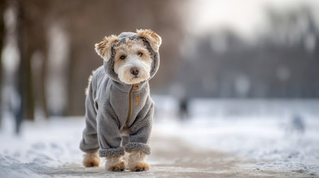 A charming dog in a warm jumpsuit walks in the cold winter. pet on a walk in the park. Pet clothes. A charming dog in a warm jumpsuit in the park. A pet walks outside in the cold winterの素材
