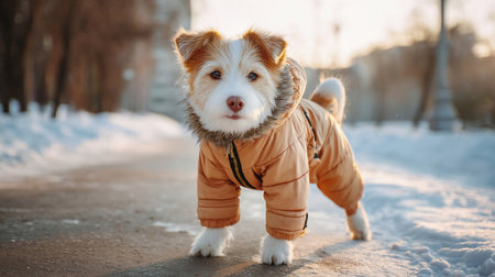 A charming dog in a warm jumpsuit walks in the cold winter. pet on a walk in the park. Pet clothes. A charming dog in a warm jumpsuit in the park. A pet walks outside in the cold winterの素材