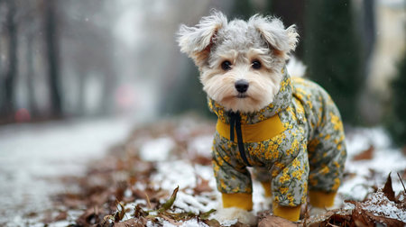 A charming dog in a warm jumpsuit walks in the cold winter. pet on a walk in the park. Pet clothes. A charming dog in a warm jumpsuit in the park. A pet walks outside in the cold winterの素材