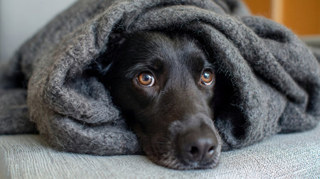 dog wrapped in blanket at homeの素材