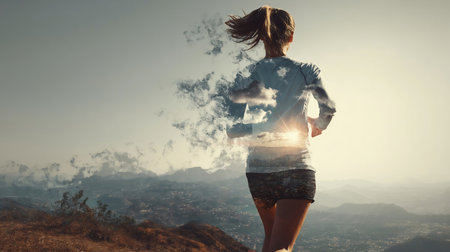 Back view of Woman running against natural landscape. Woman running for exercising, fitness and healthy lifestyle. Mixed mediaの素材