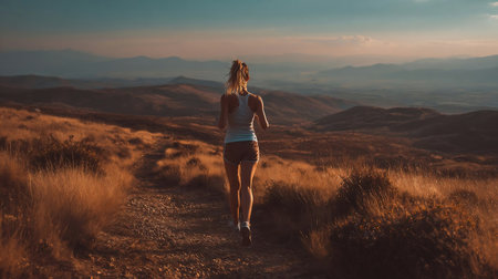 Back view of Woman running against natural landscape. Woman running for exercising, fitness and healthy lifestyle. Mixed mediaの素材