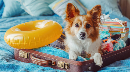 dog sits in a suitcase with things and a floating inflatable circle for a summer vacation at sea. A dog in a suitcase with things for a summer vacation on the bed. Travel conceptの素材