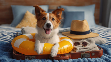 dog sits in a suitcase with things and a floating inflatable circle for a summer vacation at sea. A dog in a suitcase with things for a summer vacation on the bed. Travel conceptの素材