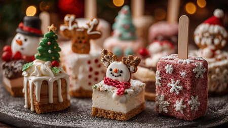 Christmas dessert. Sweet food. Cheesecake on a stick in the shape of ice cream. Children's treat in winter. Candy Christmas tree, snowman, deer and Santa Claus. Gingerbread cookies.の素材