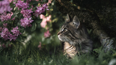 Felidae cat with whiskers sitting under tree with pink flowers. A small Felidae carnivore, the kitten is nestled under a tree with pink flowers, surrounded by grass. Its whiskeys twitch as it explores the terrestrial plant life, with fur shining in the sunlightの素材