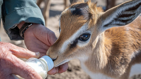 Baby springbok, bottle feeding and milk, animal care and wellness with vet person or volunteer for help. Health, nature and safety of wildlife with liquid food for nutrition, young buck with mealの素材