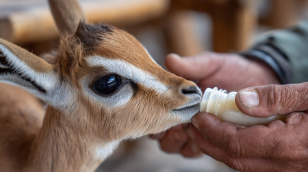 Baby springbok, bottle feeding and milk, animal care and wellness with vet person or volunteer for help. Health, nature and safety of wildlife with liquid food for nutrition, young buck with mealの素材
