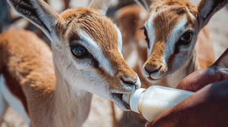 Baby springbok, bottle feeding and milk, animal care and wellness with vet person or volunteer for help. Health, nature and safety of wildlife with liquid food for nutrition, young buck with mealの素材