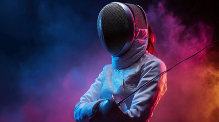 Portrait of female fencer, athlete in white uniform posing with sword over black background in neon light with colorful smoke. Concept of professional sport, competition, championship, hobbyの素材