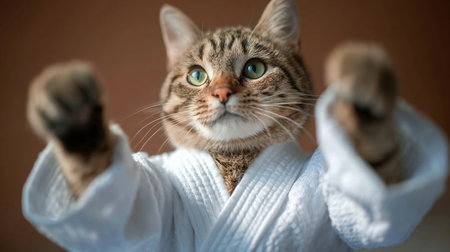 Cute tabby cat in karate uniform striking a poseの素材