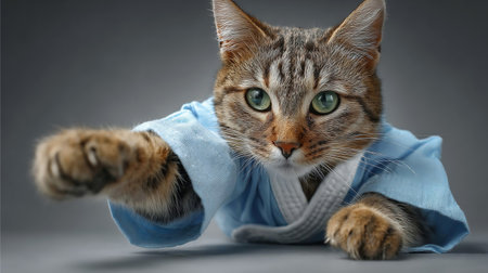 Cute tabby cat in karate uniform striking a poseの素材