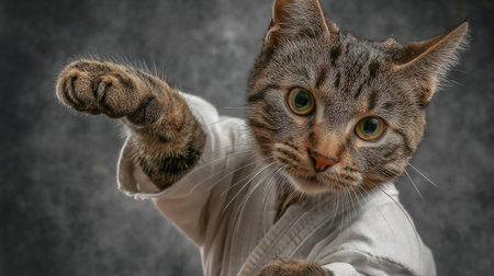 Cute tabby cat in karate uniform striking a poseの素材