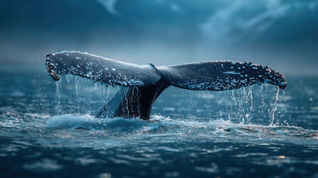 humpback whale tail in blue background. View of whale's tail breaching above water showing water splashes.の素材