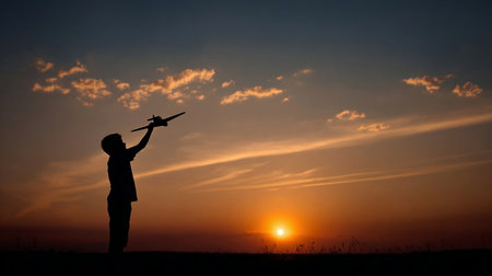 Silhouette of a boy launches a model airplane into the sky against the backdrop of the setting sun. The childhood dream of the future pilotの素材