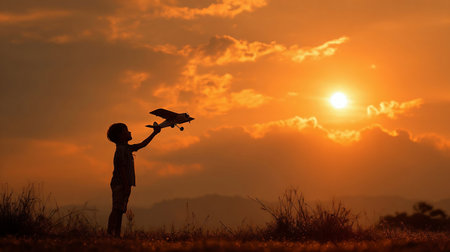 Silhouette of a boy launches a model airplane into the sky against the backdrop of the setting sun. The childhood dream of the future pilotの素材