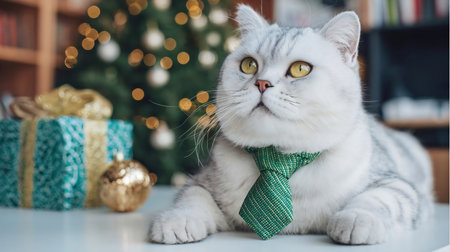 cat wear green necktie sit on white table with christmas tree gift box and ornament decorate backgroundの素材