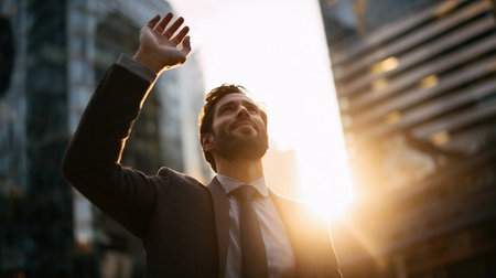 Portrait of excited businessman with arm raised celebrating success outside office buildingの素材
