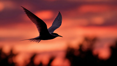 Silhouette photo of common tern flying under sunset sky. Sterna hirundoの素材
