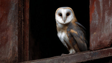Barn Owl sitting on a window in an apartment. A majestic barn owl perched in a dark rusty windowの素材