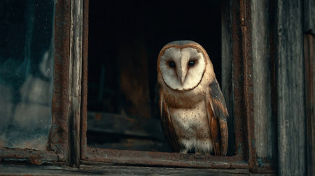 Barn Owl sitting on a window in an apartment. A majestic barn owl perched in a dark rusty windowの素材