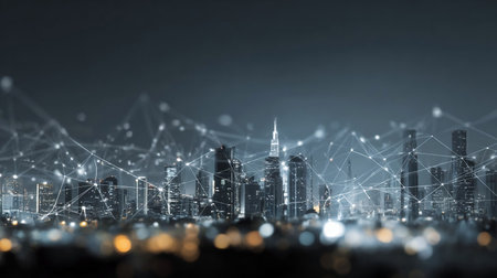 Modern city with abstract futuristic network connections. Digital and technology conceptの素材