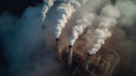 Aerial view. Emission to atmosphere from industrial pipes. Smokestack pipes shot with droneの素材