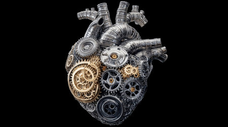 Symbol of the human heart half consisting of metal gears, on a black background. The concept of health, medicine, cyber technologyの素材