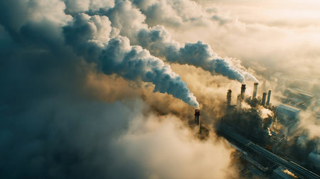 Aerial view. Pipes Throwing Smoke in the Sky. Environmental pollution concept danger to planet earthの素材