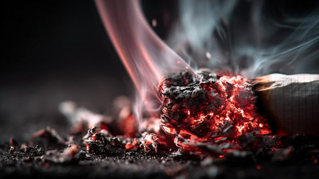 A macro close up of a smoldering cigarette tip with smoke rising. The ash falls away, revealing the burning red embers of the tobaccoの素材