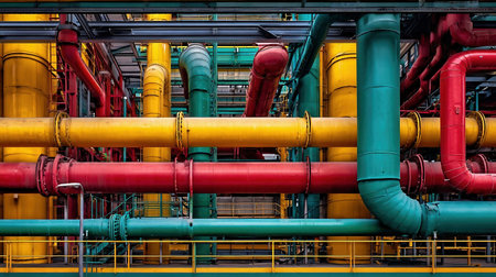 Complex industrial pipes system with vibrant colors and geometric shapesの素材