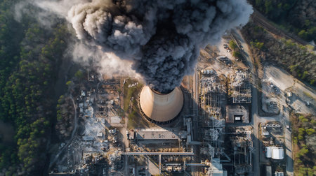 Vertical Drone Shot of Coal Power Plant, Smoke From Chimney and Power Station Facilitiesの素材