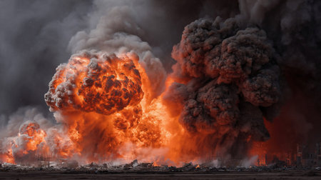 Massive fire explosion in military combat and war. Massive Fiery Explosion with Smoke and Debrisの素材