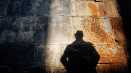 Man's shadow on stone wall. Man's shadow projected on old stone wallの素材