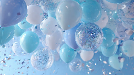 Pastel blue table with white balloons and confetti top view. Party or birthday background. Floating pastel blue and white balloons with confettiの素材