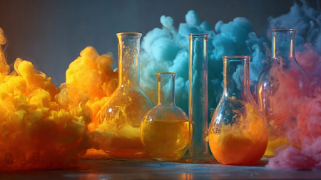 Magic experiment with chemicals in glass bottles with colorful green smoke on the table. Photography, chemical reactions concept. Science Experiment with Colorful Smokeの素材