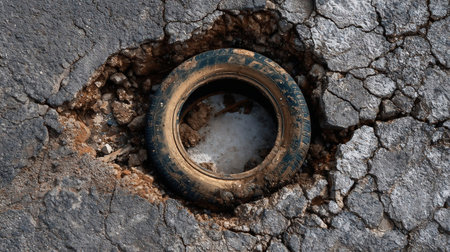 a black car tire lies in a pothole with water on a gray asphalt road with a crack. Tire in a Road Potholeの素材