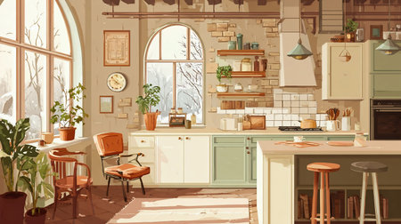Cozy kitchen interior, Scandinavian style, panoramic background, perfect for cooking and entertaining.の素材