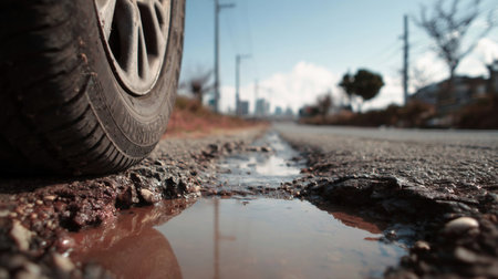 a black car tire lies in a pothole with water on a gray asphalt road with a crack. Tire in a Road Potholeの素材