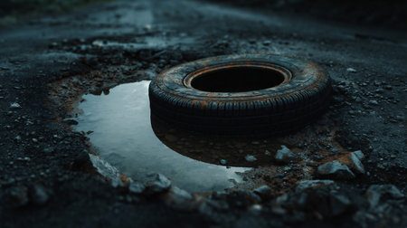 a black car tire lies in a pothole with water on a gray asphalt road with a crack. Tire in a Road Potholeの素材