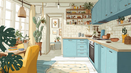 Cozy kitchen interior, Scandinavian style, panoramic backgroundの素材