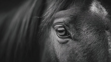 Detail of the horse's eye with eyelashes looking straight to the camera in black and white. Monochrome closeup of a Horse Eyeの素材