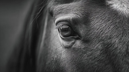 Detail of the horse's eye with eyelashes looking straight to the camera in black and white. Monochrome closeup of a Horse Eyeの素材