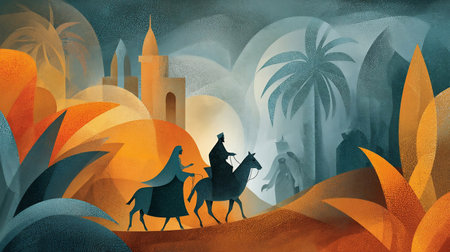Journey to Bethlehem. Illustration of Mary and Joseph traveling to Bethlehem. or could also represent the Flight to Egypt. Matching images of Nativity, Kings and Shepherdsの素材