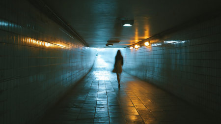 Dark pedestrian subway. Floodlit pedestrian subway at dusk, single young lady walking through (motion blurred)の素材