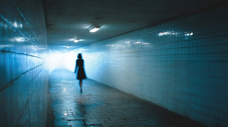 Dark pedestrian subway. Floodlit pedestrian subway at dusk, single young lady walking through (motion blurred)の素材