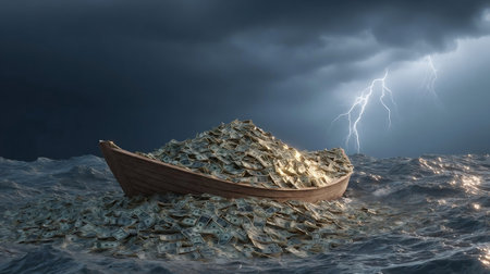 Boat load of money. A boat filled with money in rough waters or seas with a stormy sky and lightening. Concept for risk and money managementの素材