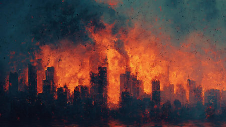 Apocalypse. Burning city, abstract vision. Photo manipulation. Night scene. City destroyed by war.の素材